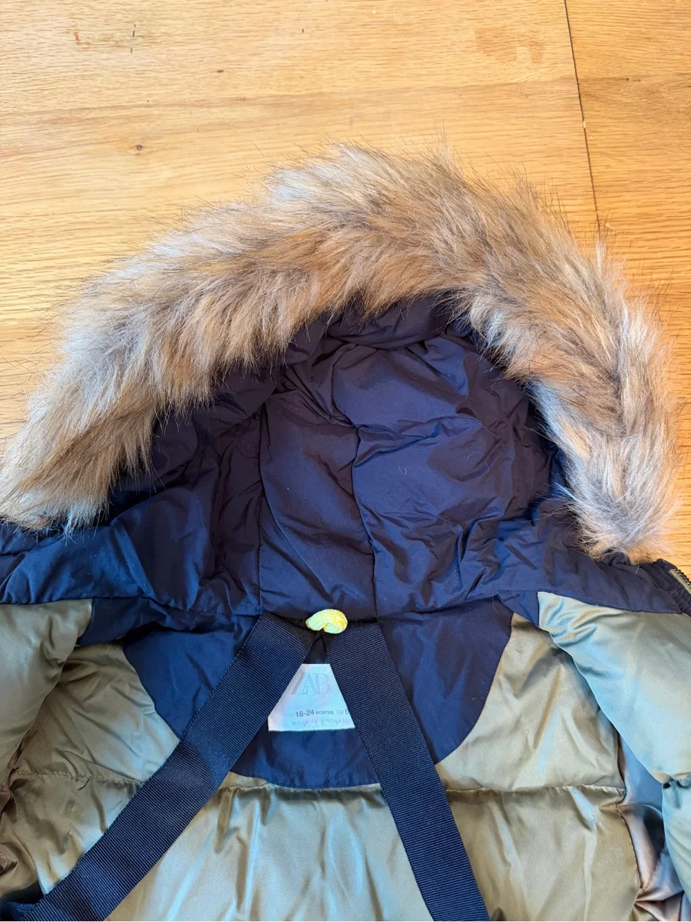 Zara Kids Down Puffer Jacket with Faux Fur Hood - Olive/Black